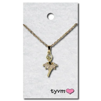A gold necklace with a small white bird on it.